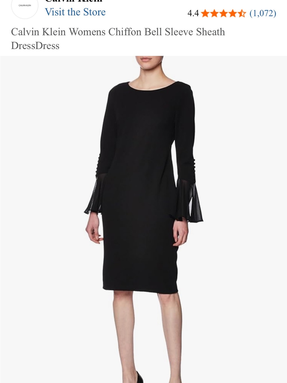 NWT Calvin Klein Black Sheath Dress with Chiffon Bell Sleeves